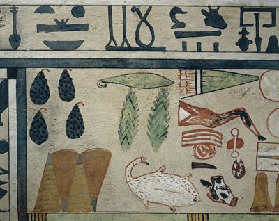 Paneeldetail dat verschillende voedseloffers voorstelt, van Sarcofaag van Irinimenpu door Egyptian 12th Dynasty