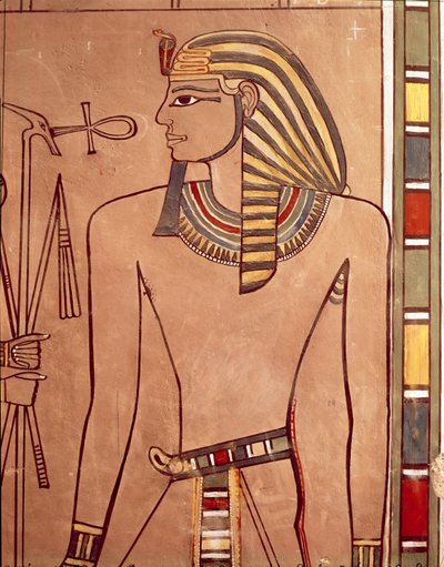 Amenhotep II (ca. 1427-1392 v.Chr.) met een ankh aan zijn lippen, uit de sarcofaagkamer van zijn graf, Nieuwe Koninkrijk door Egyptian 18th Dynasty