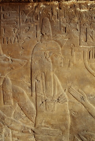 Anubis houdt de mummie vast, reliëf uit het graf van Maia, voedster van Toetanchamon, Saqqara, Egypte, Egyptische beschaving, Nieuwe Koninkrijk, Dynastie XVIII, (detail) door Egyptian 18th Dynasty