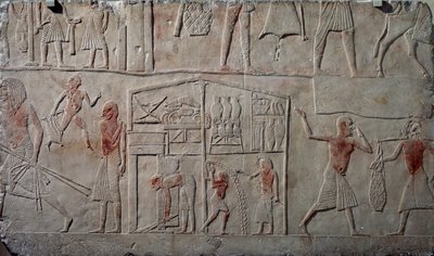 Schikking van voedsel in magazijnen, kalkstenen muurreliëf, uit het Memphitische graf van Horemheb in Saqqara, Egyptische beschaving, Nieuwe Koninkrijk, Dynastie XVIII door Egyptian 18th Dynasty