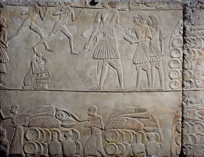 Voedselopslag in pakhuizen, kalkstenen reliëf, uit het Memphitische graf van Horemheb in Saqqara, Egyptische beschaving, Nieuwe Koninkrijk, Dynastie XVIII door Egyptian 18th Dynasty