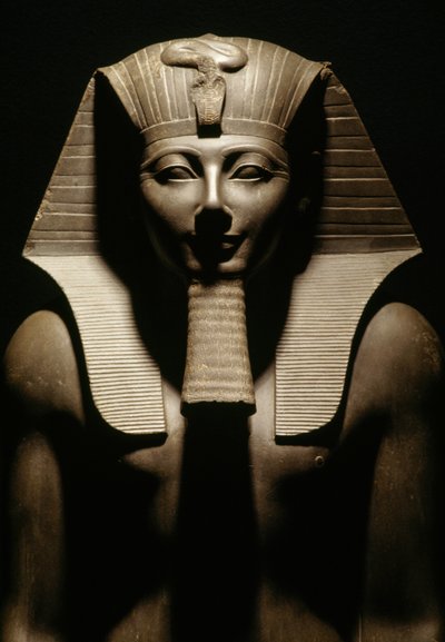 Basalten standbeeld van Thoetmosis III, uit de Tempel van Amon in Karnak, Egypte, Egyptische beschaving, Nieuwe Rijk, Dynastie XVIII, (detail) door Egyptian 18th Dynasty