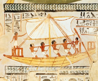 Bootmannen op de Nijl, uit het graf van Sennefer, Nieuwe Rijk (muurschildering) door Egyptian 18th Dynasty