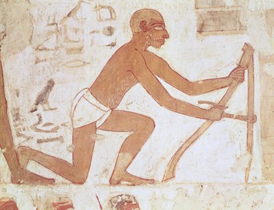 Bouw van een muur, detail van een man met een schoffel, uit het graf van Rekhmire, vizier van Thoetmosis III en Amenhotep II (detail) door Egyptian 18th Dynasty