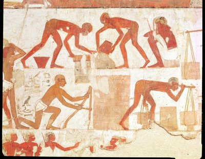 Bouw van een muur, uit het graf van Rekhmire, vizier van Thoetmosis III en Amenhotep II, Nieuwe Koninkrijk door Egyptian 18th Dynasty