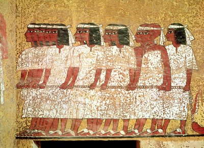 Stoet die de katafalk van de koning trekt, uit het graf van Toetanchamon door Egyptian 18th Dynasty