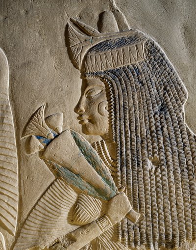 Dejat, detail van het geschilderde bas-reliëf dat Imenmes en Dejat afbeeldt, ouders van Generaal Imeneminet, uit graf in Memphis, Egyptische beschaving, Nieuwe Rijk, 18e Dynastie door Egyptian 18th Dynasty