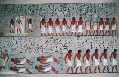 Egypte, Luxor, Vallei der Koningen, Graf van Horemheb, muurschildering door Egyptian 18th Dynasty