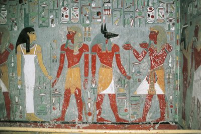 Egypte, Luxor, Vallei der Koningen, graf van Horemheb, muurschildering door Egyptian 18th Dynasty