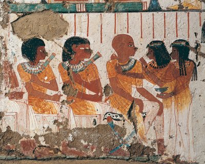 Egypte, West Thebe Assassif Necropolis, Graf van Nenamon en Ipuki. Fresco die offers van kettingen aan de overledene afbeeldt door Egyptian 18th Dynasty