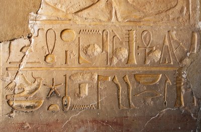 Egyptische oudheid: detail van een inscriptie met cartouche en hiërogliefen die lang leven en welvaart voorstellen. Tempel gewijd aan koningin Hatsjepsoet (1479 v.Chr. - 1457 v.Chr.) door Egyptian 18th Dynasty