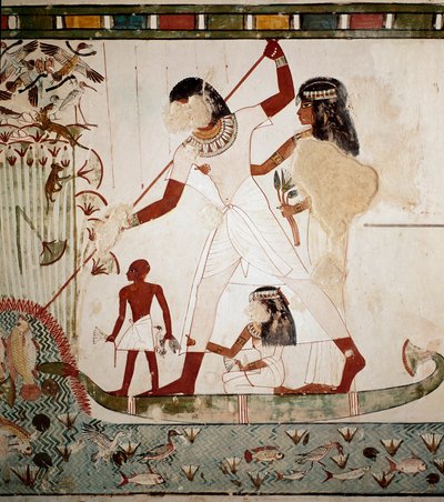 Egyptische oudheid: visscène De edelman Menna afgebeeld op een boot met zijn vrouw die een vis harpoeneert door Egyptian 18th Dynasty