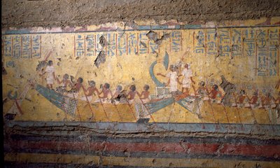 Egyptische oudheid: fresco van het graf van de schilder Maia, pelgrimstocht per boot in Abydos, citaat van Osiris. 18e dynastie. Uit de kapel van Maia, Deir el-Medineh, Nieuwe Rijk door Egyptian 18th Dynasty