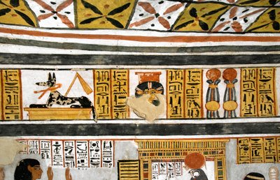 Egyptische oudheid: voorstelling van Anubis, Hathor en hiërogliefen door Egyptian 18th Dynasty
