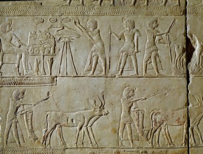 Egyptische oudheid: scènes van werk op het veld en offers aan de farao. Detail van een reliëf uit het graf van Horemhed (circa 1323-1293 v.Chr.) koninklijke schrijver van Toetanchamon. 1354-1326 v.Chr. Bologna, Civico Museo Archeologico door Egyptian 18th Dynasty