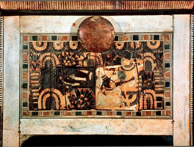 Egyptische antiquiteit: kleine houten doos met ivoren inlegwerk die de jachtpartijen van farao Toetanchamon voorstelt. 18e dynastie. Uit het graf van Toetanchamon (All-Ankh-amun of Toetanchamon) (1345-1327 v.Chr.) Vallei der Koningen. Thebe Caïro, Egyptisc door Egyptian 18th Dynasty