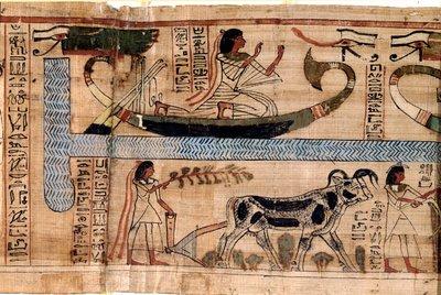 Egyptische antiquiteit: de naam van de overledene Aner vertegenwoordigt op de boot van Osiris, scène van ploegen en wegen van zielen (psychostase). Papyrus uit een Dodenboek, 20e dynastie, uit Thebe. Turijn, Egyptisch museum door Egyptian 18th Dynasty