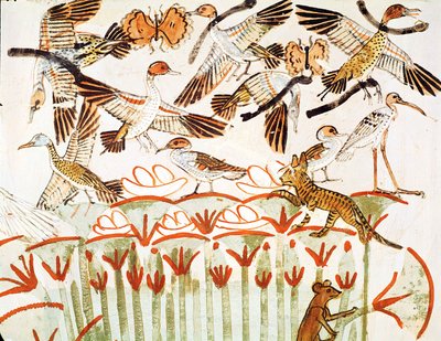 Vissen en jagen in de moerassen, detail van de vogels, uit de Grafkapel van Menna, Nieuwe Koninkrijk (muurschildering) door Egyptian 18th Dynasty