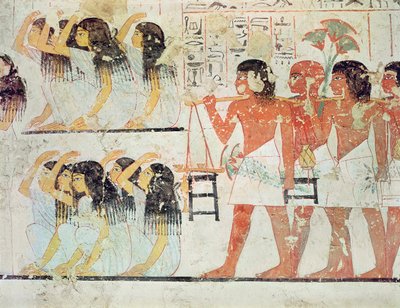 Groep rouwenden in de begrafenisstoet van Ramose, uit de grafkapel van Ramose, Nieuwe Rijk, c.1360 v.Chr. (muurschildering) door Egyptian 18th Dynasty