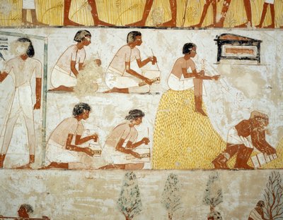 Oogsten van gewassen, dorsen en wannen van graan (detail) door Egyptian 18th Dynasty