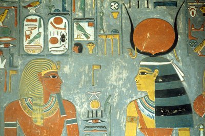 Horemheb en Hathor, uit het Graf van Horemheb (ca. 1323-1295 v.Chr.) Nieuwe Koninkrijk (muurschildering) (detail) door Egyptian 18th Dynasty