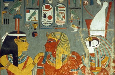 Horus, Horemheb en Hathor, uit het graf van Horemheb (ca.1323-1295 v.Chr.) Nieuwe Koninkrijk door Egyptian 18th Dynasty