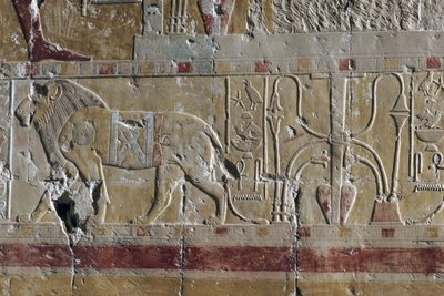 Leeuw, reliëf, dodentempel van Hatsjepsoet, Deir el-Bahari, Thebaanse Necropolis (UNESCO Werelderfgoedlijst) door Egyptian 18th Dynasty