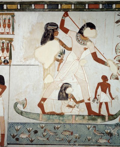 Menna en zijn familie vissen en jagen in de moerassen van de Nijl (detail) door Egyptian 18th Dynasty