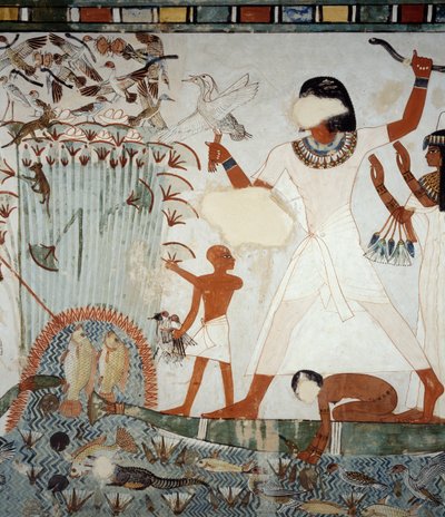Menna en zijn familie vissen en jagen in de moerassen van de Nijl (detail) door Egyptian 18th Dynasty