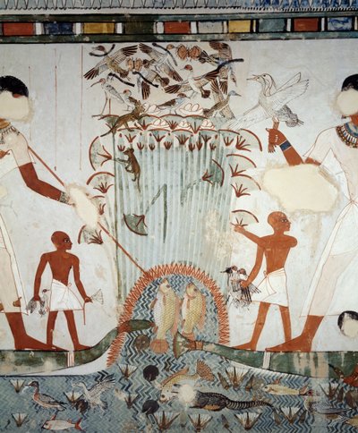 Menna en zijn familie vissen en jagen in de moerassen van de Nijl, detail van fresco