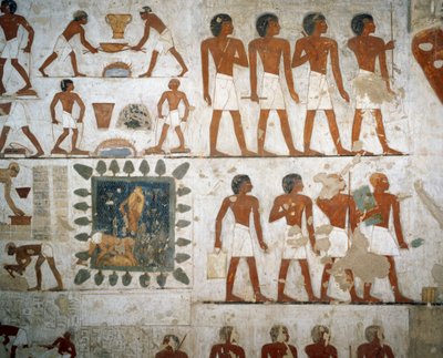 Metaalbewerking en baksteenproductie (detail) door Egyptian 18th Dynasty