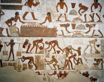 Metaalbewerking en baksteenproductie, (detail) uit fresco