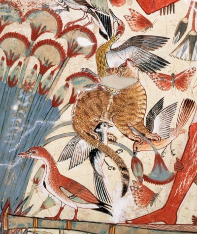 Nebamun op jacht in de moerassen met zijn vrouw en dochter, deel van een muurschildering uit de grafkapel van Nebamun, Thebe, Nieuwe Koninkrijk, ca. 1350 v.Chr. (detail) door Egyptian 18th Dynasty