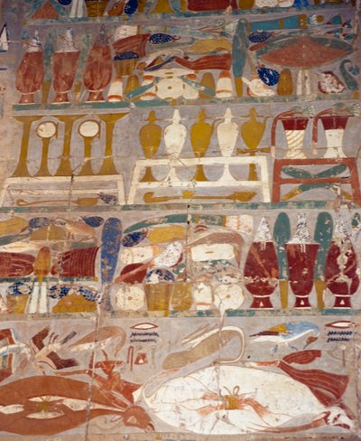 Offer- en parfumvaten tussen Anubis en Hatsjepsoet, muurschildering, Kapel van Anubis, Dodentempel van Hatsjepsoet, Deir el-Bahari, Thebaanse Necropolis (Unesco Werelderfgoedlijst) door Egyptian 18th Dynasty