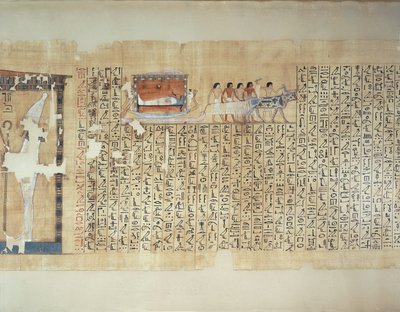 Papyrus die het transport van een sarcofaag op een door ossen getrokken wagen toont, uit het Dodenboek van Maiherperi door Egyptian 18th Dynasty