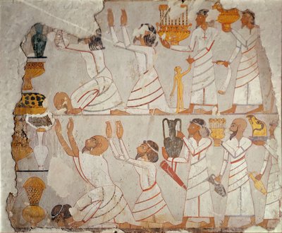 Deel van een beschilderde grafmuur die Aziatische schatdragers toont, ca. 1400 v.Chr. door Egyptian 18th Dynasty