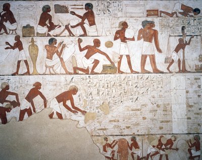 Pottenbakkers en arbeiders, fresco, kapel, graf van Rekhmire (TT100), Sheikh Abd el-Qurna, Thebe (Unesco Werelderfgoedlijst) door Egyptian 18th Dynasty