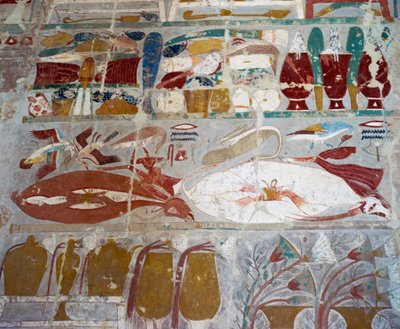 Voorzieningen en aardewerk aangeboden aan de goden door Koningin Hatsjepsoet, geschilderd reliëf, Kapel van Anubis, Dodentempel van Koningin Hatsjepsoet, ook bekend als Djeser-Djeseru, Deir el-Bahri, Thebe door Egyptian 18th Dynasty
