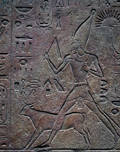 Koningin Hatsjepsoet begeleid door de Apis-stier tijdens de jubilee viering, reliëf, Tempel van Amon, Karnak Tempelcomplex (Unesco Werelderfgoedlijst) door Egyptian 18th Dynasty