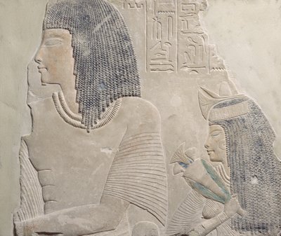 Reliëf dat Imenmes en Dejat afbeeldt, de ouders van Generaal Imeneminet, uit een tombe in Memphis, Nieuwe Koninkrijk, c.1336-1295 v.Chr. door Egyptian 18th Dynasty