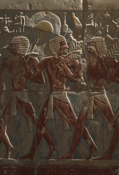 Reliëf dat een parade ter ere van de godin Hathor afbeeldt (detail) door Egyptian 18th Dynasty