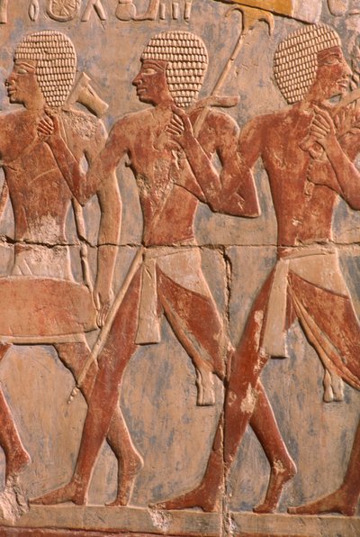 Reliëf dat een parade ter ere van de godin Hathor afbeeldt (detail) door Egyptian 18th Dynasty