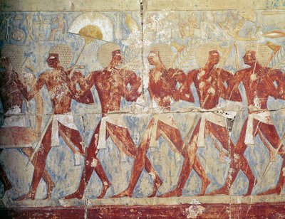 Reliëf met een parade ter ere van de godin Hathor, uit de dodentempel van Hatsjepsoet door Egyptian 18th Dynasty