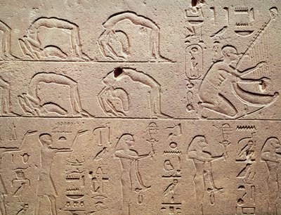 Reliëf met acrobaten en een harpist, uit Karnak door Egyptian 18th Dynasty