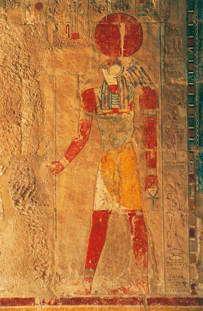 Reliëf met Ra Horakhty, dodentempel van Hatsjepsoet, Deir el-Bahari, Thebaanse necropolis (UNESCO Werelderfgoedlijst) door Egyptian 18th Dynasty