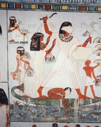 Scène van jagen en vissen in de moerassen, fresco, noordmuur, longitudinale kamer, Thebaanse Tombe TT69 door Egyptian 18th Dynasty