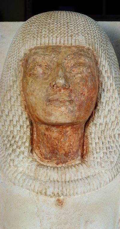 Gezicht van schrijver Meryneith, detail van dubbelstandbeeld van hogepriester Meryneith en zijn vrouw Aniuia, beschilderd kalksteen uit de regeerperiode van Achnaton, Saqqara. Egyptische beschaving, Nieuwe Rijk, Dynastie XVIII door Egyptian 18th Dynasty