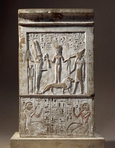Syria, Kadesh, Stele aangeboden door Huy, ambachtsman van de Vallei der Koningen: schenker aanbidt Godin Kadesh en God Rechep door Egyptian 18th Dynasty
