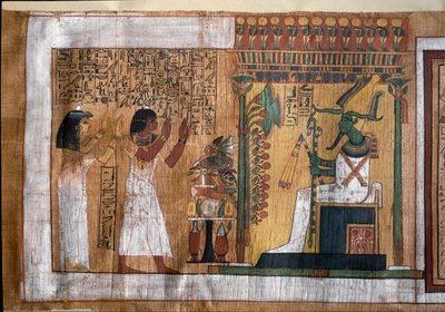De overledene Kha en zijn vrouw Merit aanbidden Osiris, heer van het hiernamaals - Papyrus uit het Dodenboek, uit de grafkamer van architect Kha door Egyptian 18th Dynasty