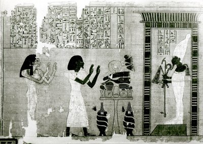 De overledene vergezeld door zijn zus gaan eer betuigen aan Osiris (detail) door Egyptian 18th Dynasty